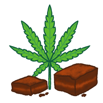 a green cannabis leaf next to two brownies.